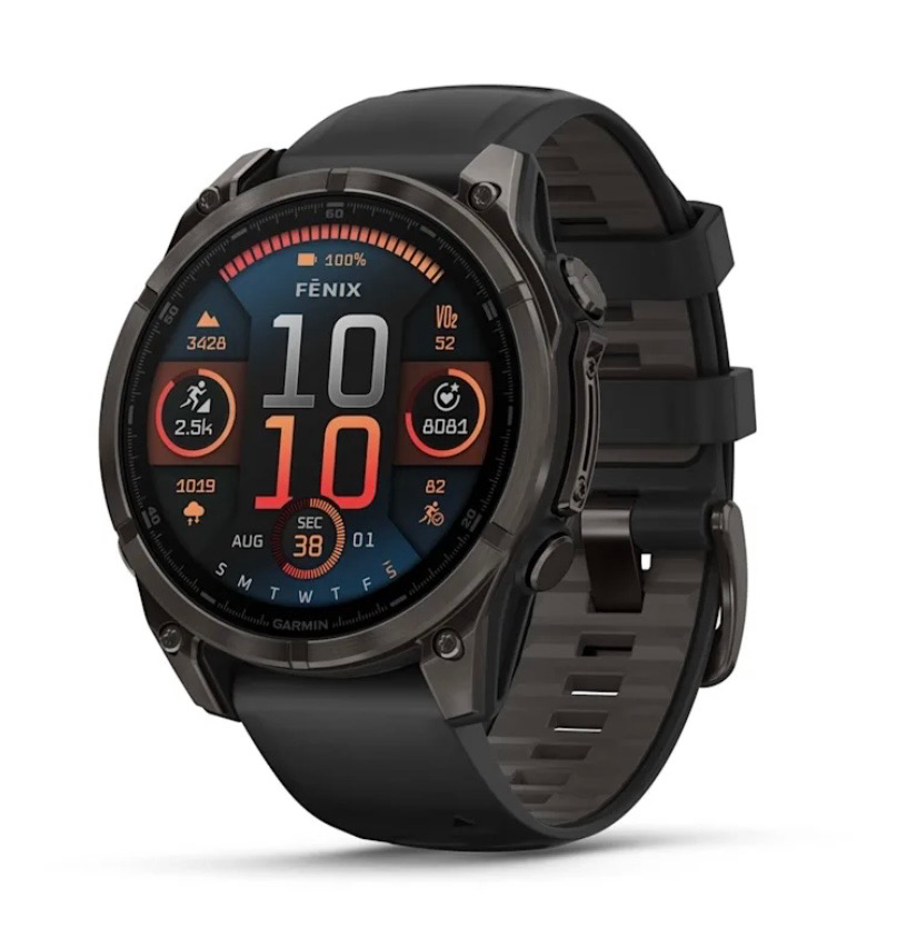 fenix® 8 – 47 mm, AMOLED Sapphire, Carbon grey DLC titanium with Black/pebble grey silicone band 